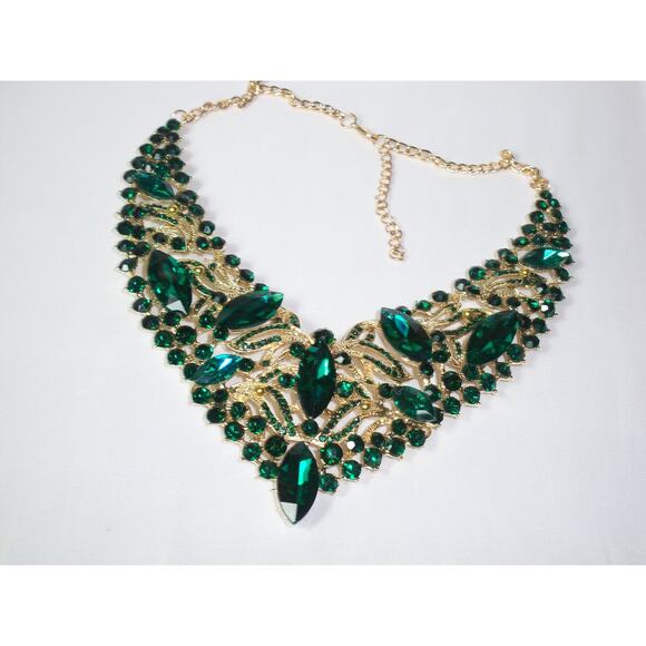 Green 2 pcs Statement Rhinestone Necklace Set, Bridal Party Drag Queen Necklace - Picture 8 of 8